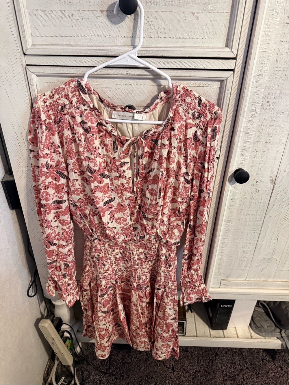 bishop + young Cream and Pink Floral Long-Sleeve Smocked Dress